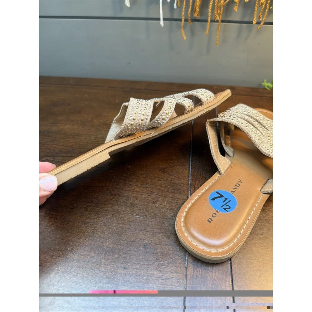 Rock & Candy Women's Sandals 7.5 Tan Shimmering Crystals Slide Gryssel Flat